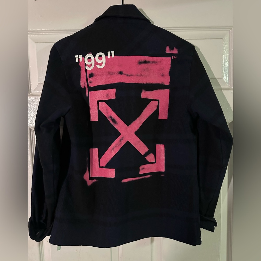 Off-White SS19 Stencil Plaid Flannel Button Shirt “99” –Navy / Pink – Size[S]